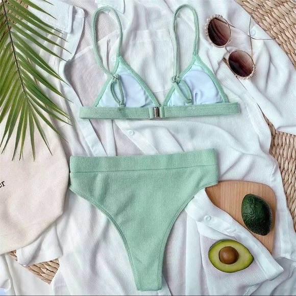 Green Ribbed Knit Bikini | Triangle, High Waisted - Picture 2 of 14